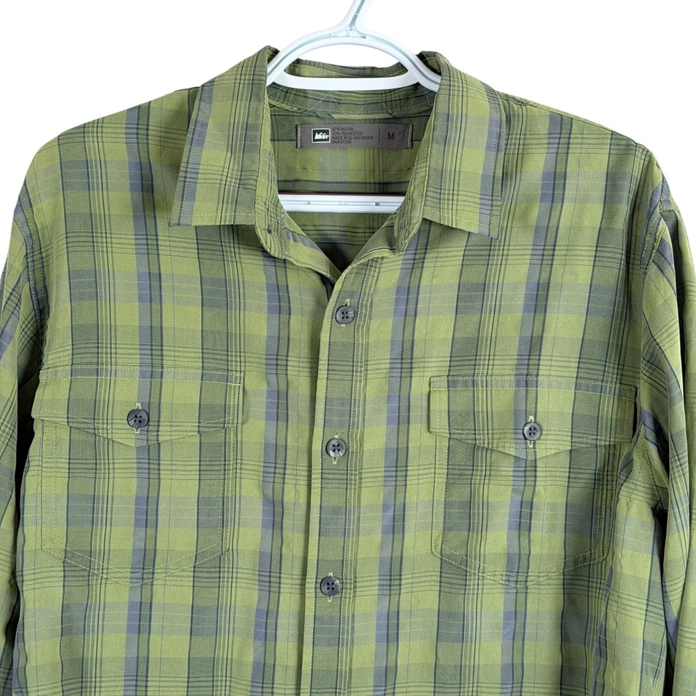 REI Button Down Shirt Mens‎ M Green Plaid Modal Blend Long Sleeve Outdoor